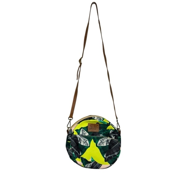Sseko Crossbody Leather Canvas Tropical Print Circle Bag Made in Uganda - Picture 2 of 13